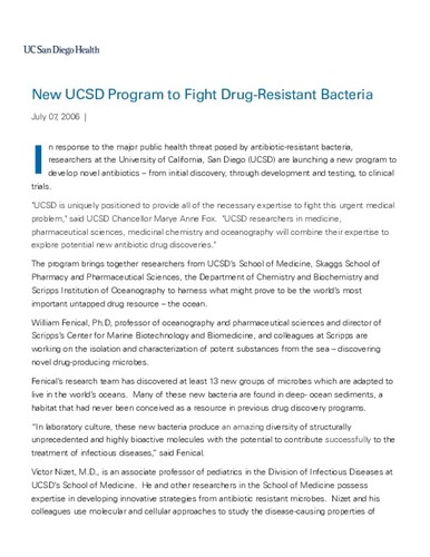 New UCSD Program to Fight Drug-Resistant Bacteria