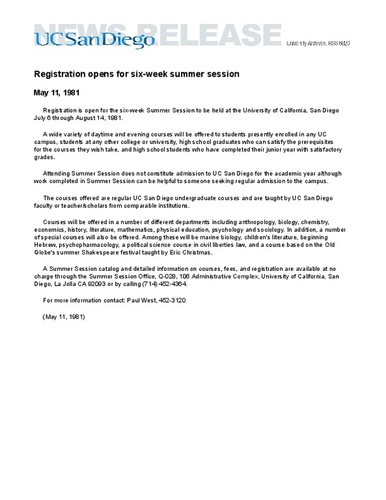 Registration opens for six-week summer session