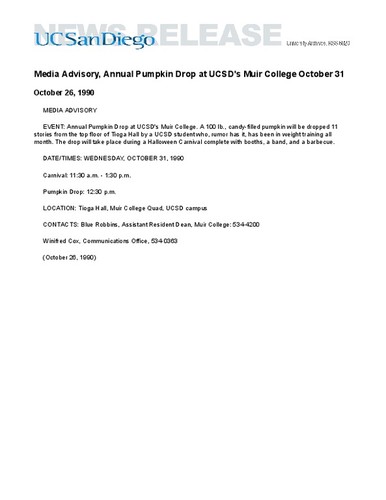 Media Advisory, Annual Pumpkin Drop at UCSD's Muir College October 31