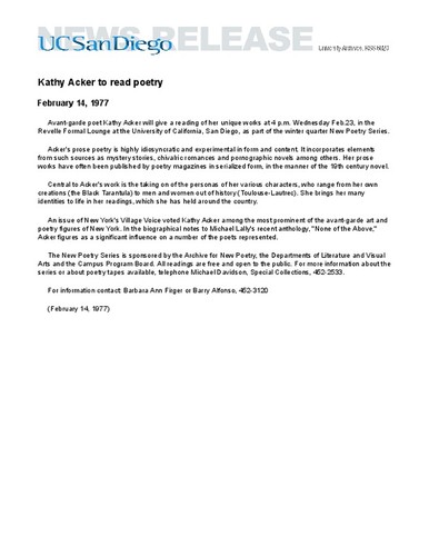 Kathy Acker to read poetry