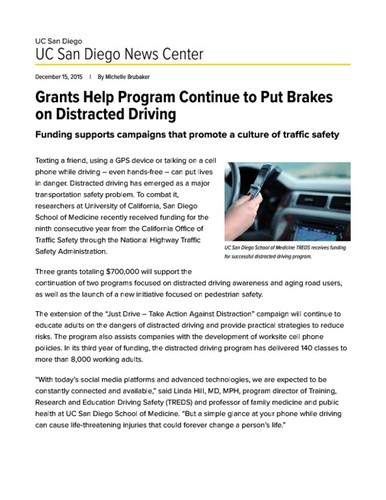 Grants Help Program Continue to Put Brakes on Distracted Driving