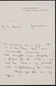 Poultney Bigelow, letter, 1927-09-16, to Hamlin Garland