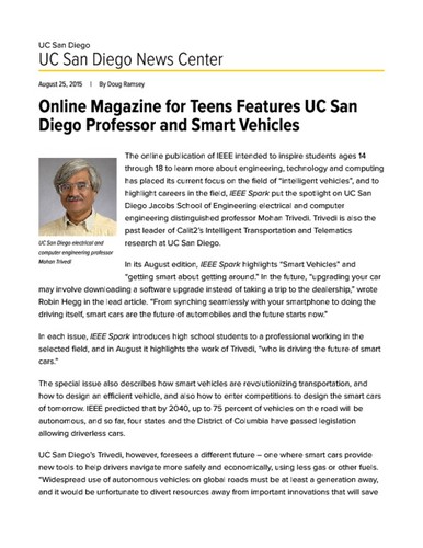 Online Magazine for Teens Features UC San Diego Professor and Smart Vehicles