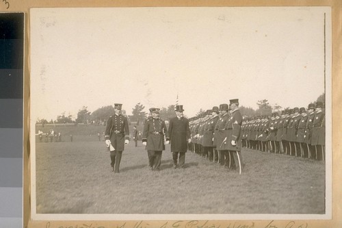 Inspection of the S.F. [San Francisco] Police Dept. by A.D. Cutter and Wm. J. Biggy in G.G. Park. Capt. J. Duke on the left. 1907-Capt. Duke's Co