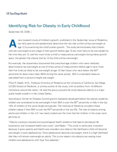 Identifying Risk for Obesity in Early Childhood - News from UCSD