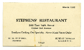Stephens' Restaurant business card
