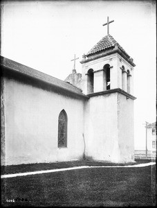 Restored tower (viewed from below) at Mission San Carlos Borromeo, Monterey, ca.1903