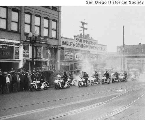 Mexican motorcycle police officers in front of Sam McPherson's Harley-Davidson motorcycle shop