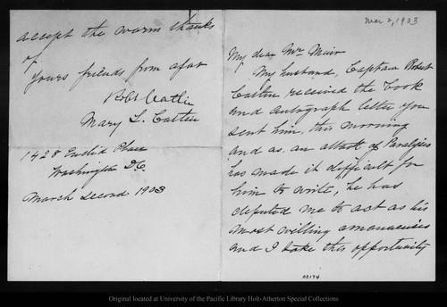 Letter from Rob[er]t & Mary Catlin to John Muir, 1903 Mar 2