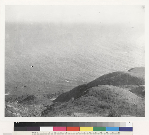 Scarp of sea-terrace south of Fort Ross; Fault enters coast from south here and passes over small hump in low