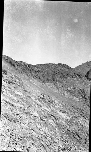 High Sierra Trail Investigation, Panorama of Nine Lake Basin (east to south). Trail Routes, Misc. Basins. Near left panel of a five panel panorama