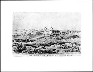 Drawing by Edward Vischer depicting the Mission Santa Barbara as seen from the southeast, 1865