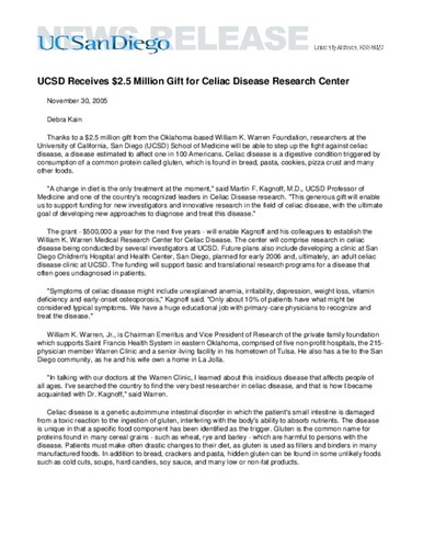 UCSD Receives $2.5 Million Gift for Celiac Disease Research Center