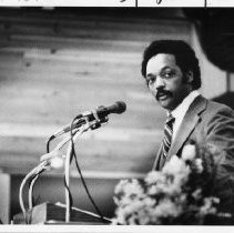 Jesse Jackson, the civil rights activist, founder of Rainbow/PUSH, and Baptist minister who ran for president in 1984 and 1988 and served as the first U.S. Shadow Senator from D.C. He is speaking to a "mostly black Sacramento audience."