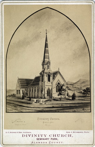Eadweard Muybridge photograph of a drawing of Divinity Church, Mills College