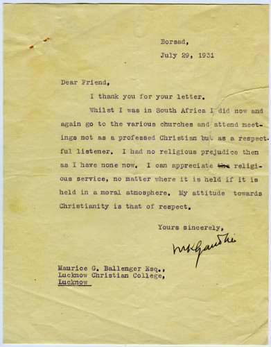 Gandhi letter to Maurice Ballenger, 1931 July 29