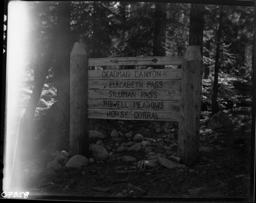 Signs, Typical Roaring River District Trail sign, Field notebook page 1085. Crop from left