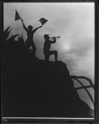 Flagman and bugler in silhouette, [1920-1939?]