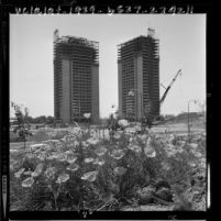 Construction on skeleton of the 27 story twin towers of Century Towers apartments in Century City, Calif., 1964