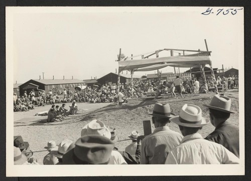 Scene at the Sumo tournament held at the Tule Lake Center, October, 1944. Photographer: Bigelow, John Newell, California