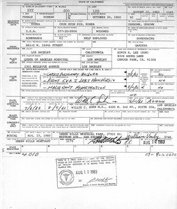 California death certificate : Hey Soo Lee