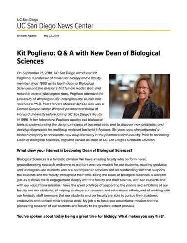 Kit Pogliano: Q & A with New Dean of Biological Sciences