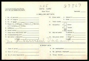 WPA Low income housing area survey data card 255, serial 37867, vacant