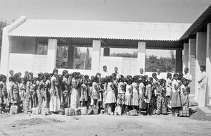 Arcot, South India. Morning prayer outside the new ALC school at the Township of Neyveli, 1979