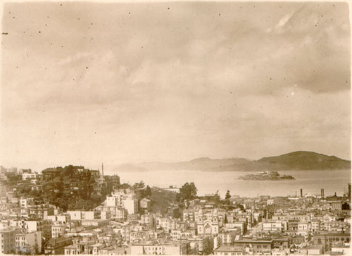 [View of North Beach district, with Alcatraz Island visible in distance]