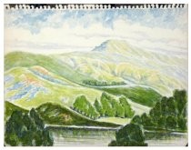 A watercolor painting of hills of Richardson Bay