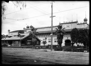 Exterior view of the Shrine Auditorium at Jefferson Boulevard and Royal Street, January 11, 1920