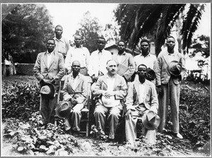 Missionary Guth with a group of teachers, Pare, Tanzania, ca.1927-1938