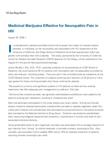 Medicinal Marijuana Effective for Neuropathic Pain in HIV