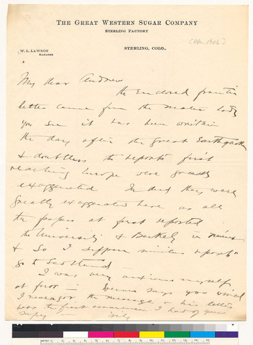 Letter to A.C. Lawson from William L Lawson, The Great Western Sugar Company: [April, 1906]