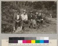 Redwood Utilization Study. Left to right - Orrin Barnes, Harry Barnes, E. Fritz, John Sammi, Stan Yusk. E. F. July, 1928
