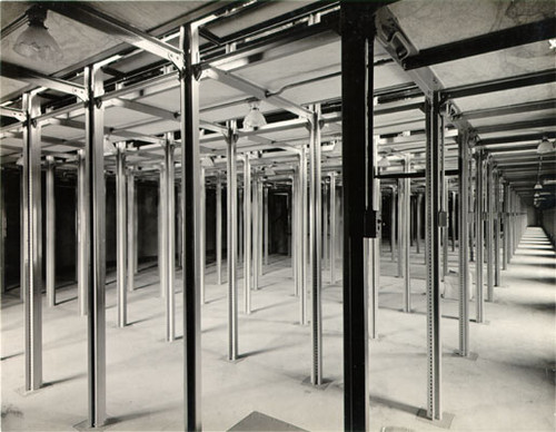 [View of stacks on 1st floor of Main Library, before shelves were installed]