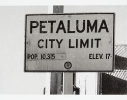 Petaluma city limit sign, Petaluma, California, about 1954
