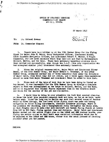 Lt. Commander Simpson memo regarding the Flying Cross for Major John W. Walch, with attachment