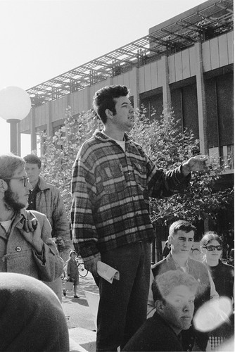 Art Goldberg speaking in front of the Student Union