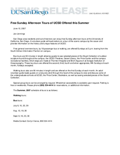 Free Sunday Afternoon Tours of UCSD Offered this Summer