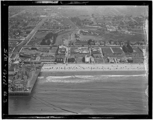 Aerial detail of Santa Monica Pier and beach south of pier