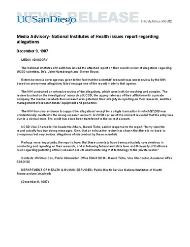 Media Advisory- National Institutes of Health issues report regarding allegations