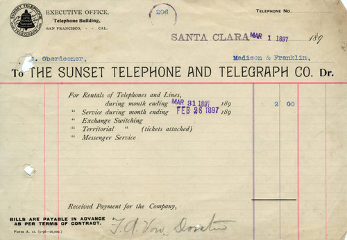 Telephone Bill 1897, Sunset Telephone and Telegraph Company invoice
