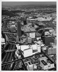 Aerial view facing north over Figueroa Street in Downtown Los Angeles