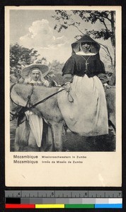 Missionary sisters, one seated on donkey, Mozambique, ca.1920-1940