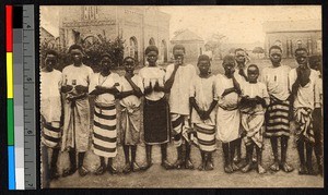 Students outside of school buildings, Kimpese, Congo, ca.1920-1940