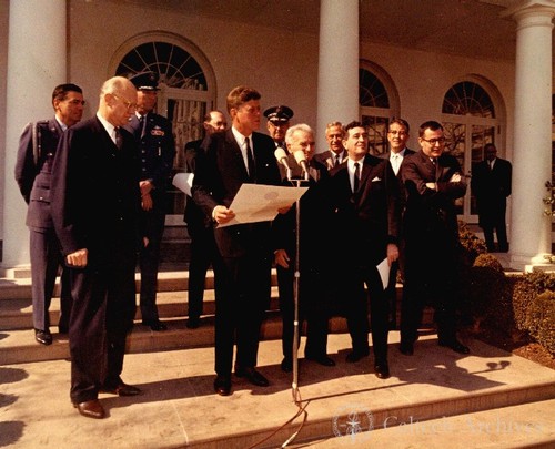President John F. Kennedy presenting National Medal of Science to Theodore von Karman and Jerome Wiesner