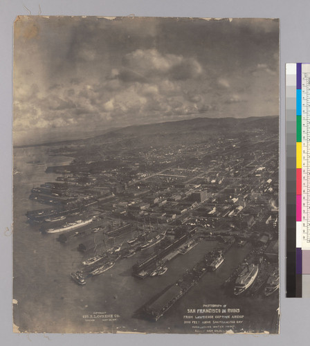 Photograph of San Francisco in Ruins, from Lawrence Captive Airship, 2000 Feet Above San Francisco Bay Overlooking Waterfront. Sunset over Golden Gate. [Left panel.]