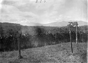 Fenced meadow in front of mountain range, Tanzania, ca.1893-1920