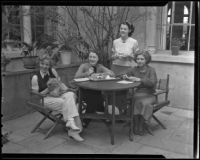 Hollywood Studio Club members Princess Galina Liss, Gwenn Mannering, Charlotte Olston, and Valusta Andrick gather for lunch, Hollywood, 1936